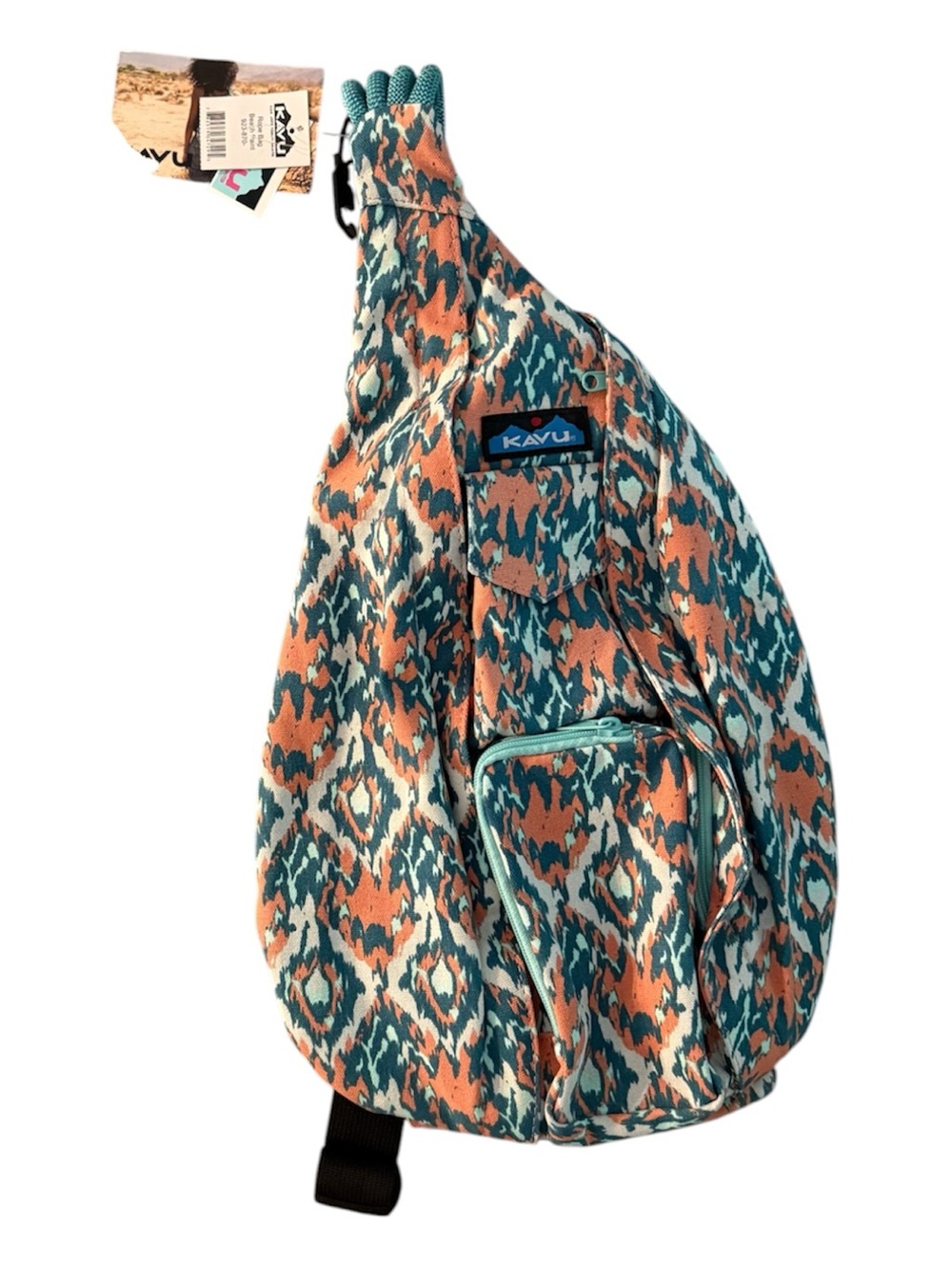 NWT Kavu Teal and Coral Beach Paint Patterned Rope Sling Crossbody Utility Bag